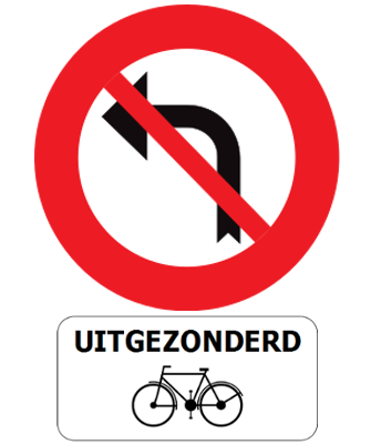 Linksabbiegen verboten, außer für Radfahrer.